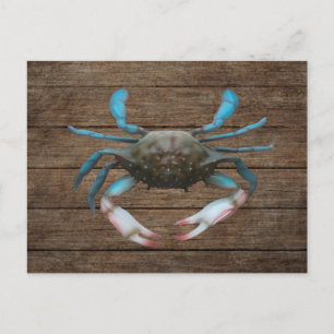 Crabe bleu sur carte postale en bois