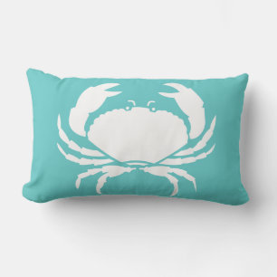 CRABS BLANC sur coussin bleu turquoise