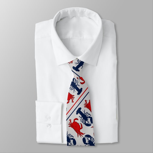 Crabs n Lobsters Light Gray Diagonal Print Tie Krawatte (Gebunden)