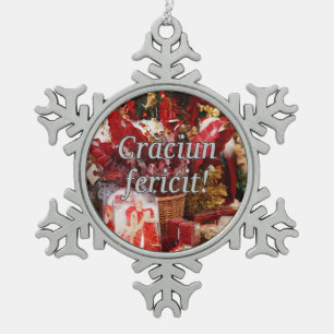 Crăciun fericit! Frohe Weihnachten im rumänischen Schneeflocken Zinn-Ornament