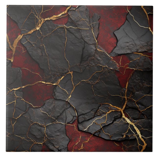 Cracked Stone Textur, Red Black & Gold Fliese (Vorderseite)