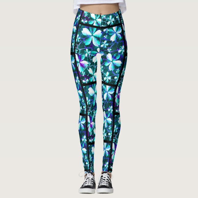 Crackle Blume Muster Blau Lila Aquamarin Leggings (Vorderseite)