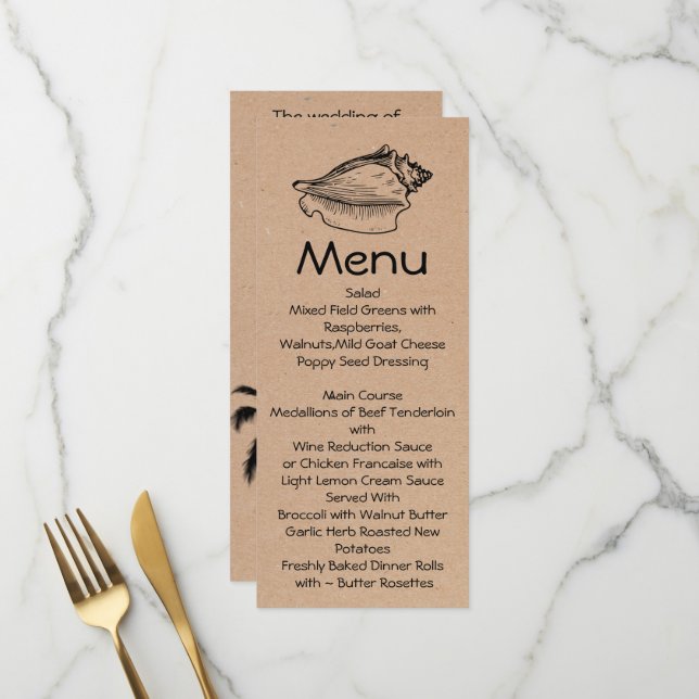 Craft Beach Thema Skinny Wedding Table Menü Menükarte (Vorderseite/Rückseite Beispiel)