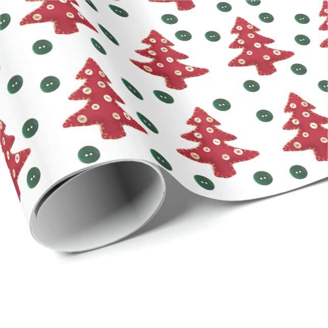 Craft Red Christmas Trees and Buttons Muster Geschenkpapier (Rolleneckpunkt)