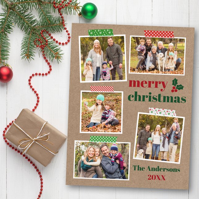 Craft Tape Holly Frohe Weihnachten 5 Foto Kraft Postkarte (Customize to change your personalized text size or text style.)