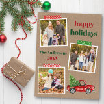 Craft Tape Red Truck Holiday Kraft Postkarte<br><div class="desc">Happy Holidays 3 Foto Collage Holiday Postcard beinhaltet Craft Tape und Watercolor Vintag Red Truck mit Weihnachtsbaum. Rustikales Kraftpapier.</div>