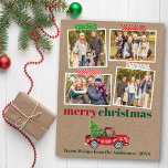 Craft Tape Red Truck Weihnachts Kraft Foto Postkarte<br><div class="desc">Frohe Weihnachten 4 Foto Collage Holiday Postkarte beinhaltet Handwerk Tape und Wasserfarbe Vintag Red Truck mit Weihnachtsbaum. Rustikales Kraftpapier.</div>