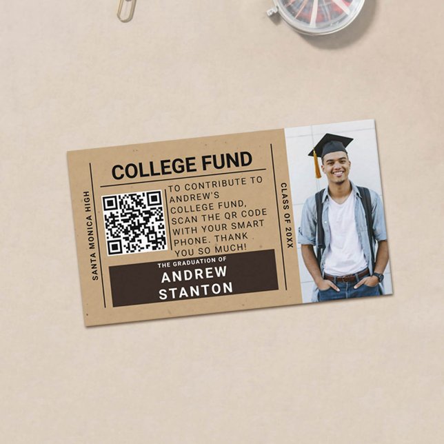 Craft Tartan Kariert Boy Abschluss Uni Fund QR Begleitkarte (rustic craft graduation photo college fund enclosure card)