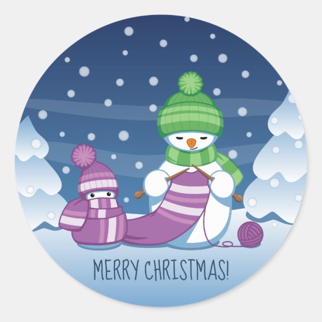 Crafty Snowman Knitting Scarf Runder Aufkleber (Vorderseite)