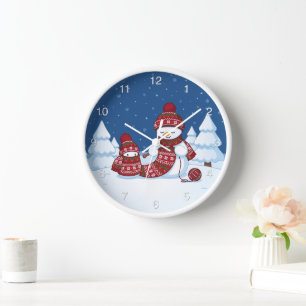 Crafty Snowman Knitting Scarf Wanduhr