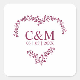 Cramberry Branches Heart with Initials Quadratischer Aufkleber