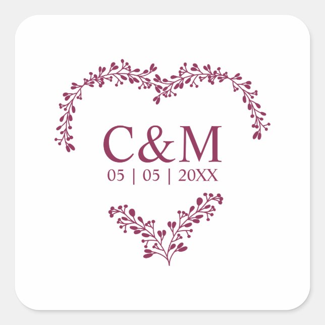 Cramberry Branches Heart with Initials Quadratischer Aufkleber (Vorderseite)