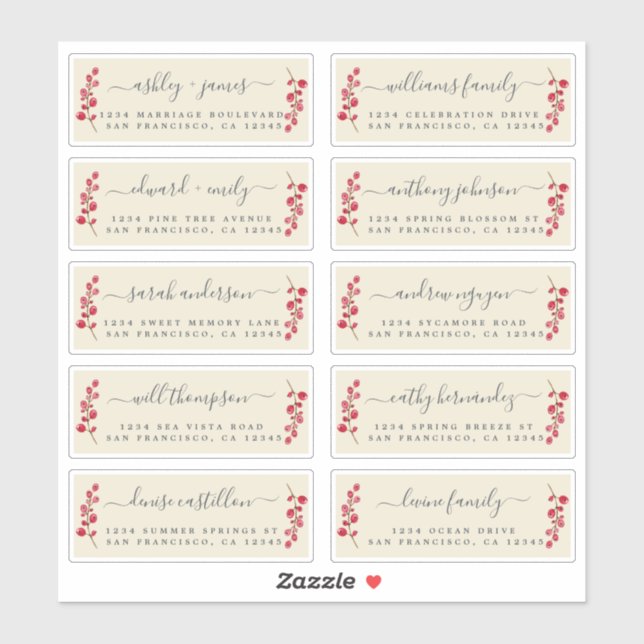 Cranberries Sprig Mariage Étiquettes de adresse in (Feuille)