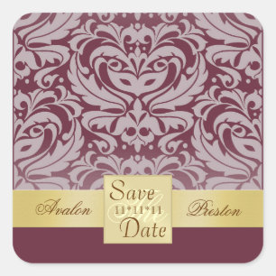 Cranberry Damask Gold Ribbon Save the Date Aufkleb Quadratischer Aufkleber