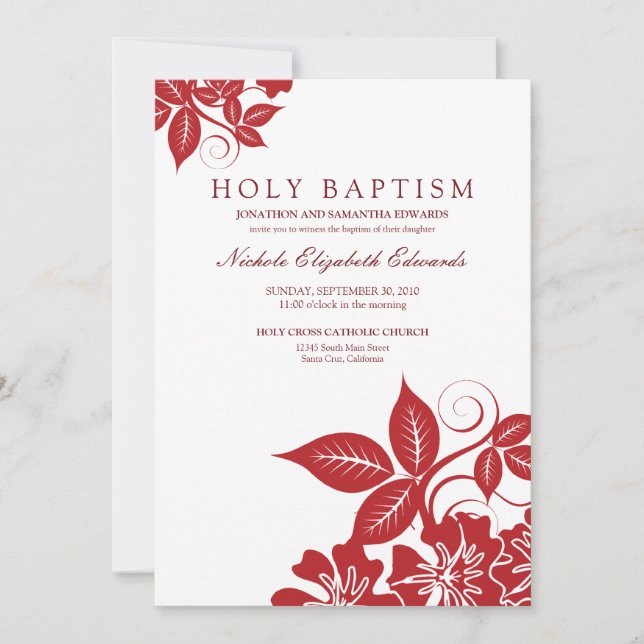 Cranberry Floral Heilige Taufe Einladung (Vorderseite)