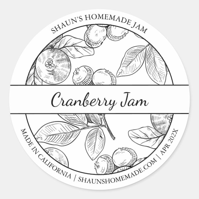 Cranberry-Jam-Label für Schwarz-Weiß-Sketch Runder Aufkleber (Vorderseite)