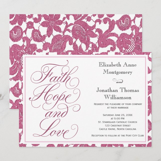 Cranberry Lace Script Faith Hope & Liebe Wedding Einladung (Vorne/Hinten)