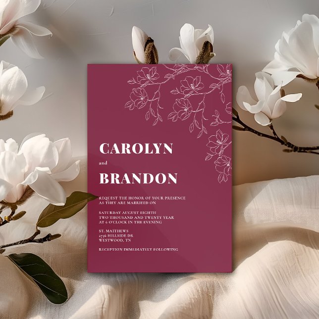 Cranberry Moderne Blumenhochzeit Einladung (Modern Cranberry Floral Wedding Invitation. Change Background to any color. )
