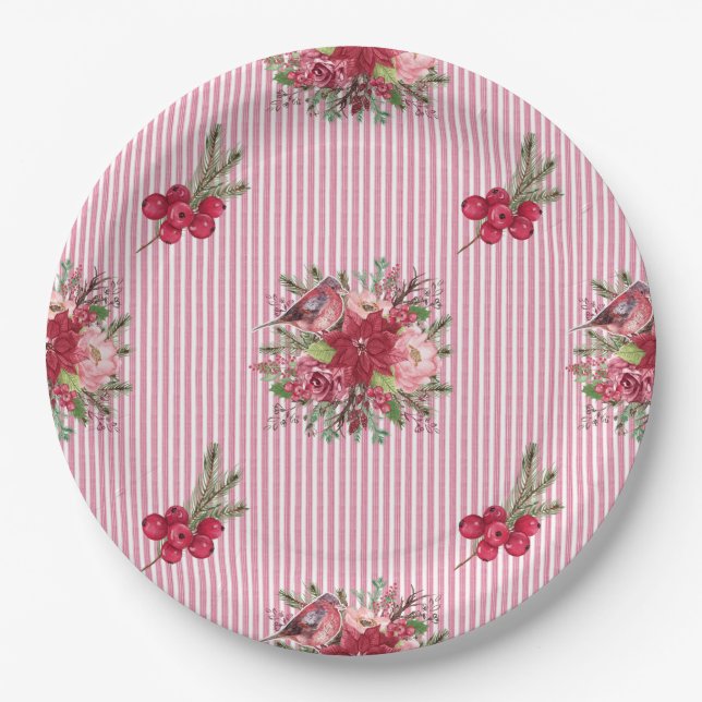 Cranberry Poinsettia Bird Floral Strip Pappteller (Vorderseite)