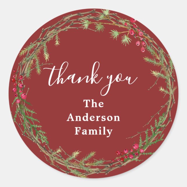 Cranberry Red Christmas Wreath Thank You Runder Aufkleber (Vorderseite)
