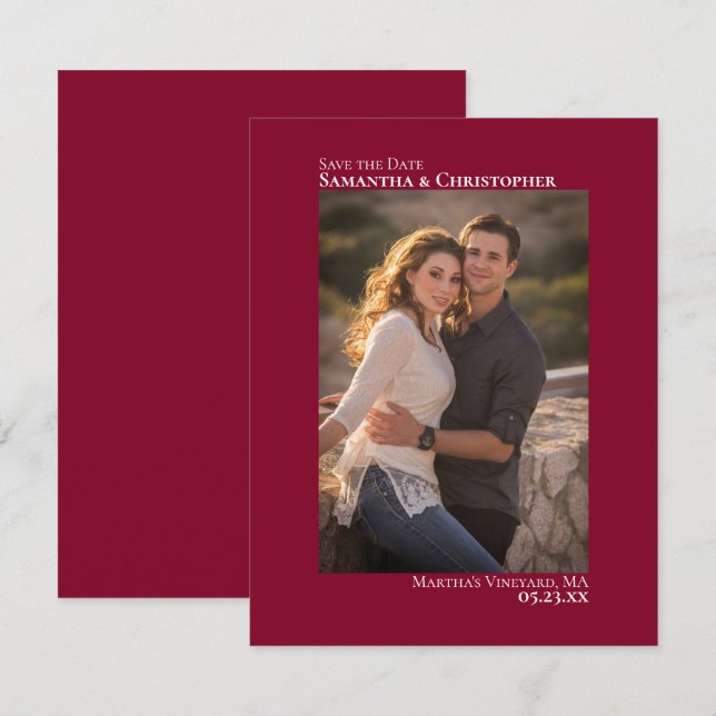 Cranberry Red Vertical Foto Minimalistische Hochze Save The Date (Vorne/Hinten)