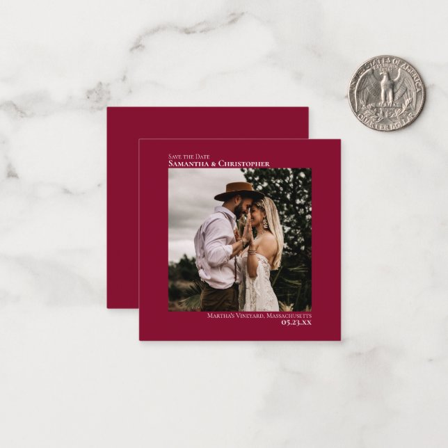 Cranberry Red Wedding Save the Date Foto Mini Mitteilungskarte (Vorderseite/Rückseite Beispiel)