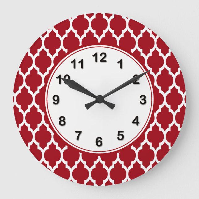 Cranberry Red White marokkanisches Quatrefolienmus Große Wanduhr (Vorderseite)
