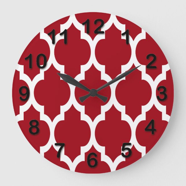 Cranberry Red White marokkanisches Quatrefolienmus Große Wanduhr (Vorderseite)