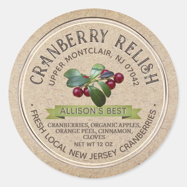 CRANBERRY RELISH Grunge Schriftart Kraft Brown Runder Aufkleber (Vorderseite)