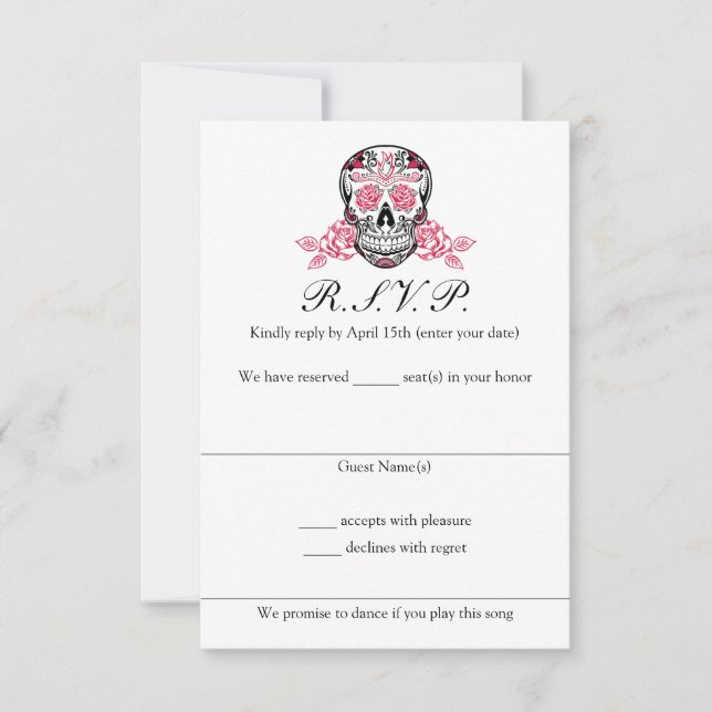 Crâne à sucre avec cartes RSVP de mariage Rose (Devant)