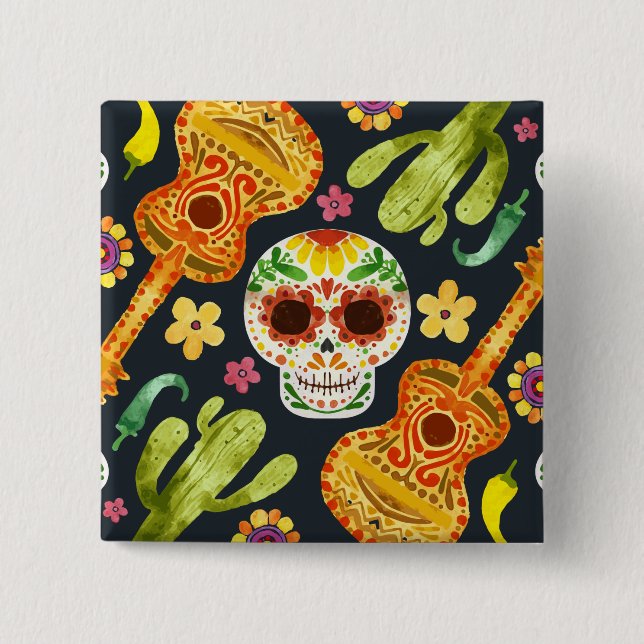 Crâne à sucre et guitares Dia de Muertos | Badge (Devant)