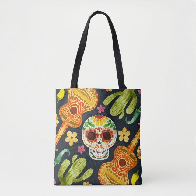 Crâne à sucre et guitares Dia de Muertos | Sac fou (Devant)