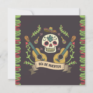Crâne à sucre et guitares Invitation Dia de Muerto