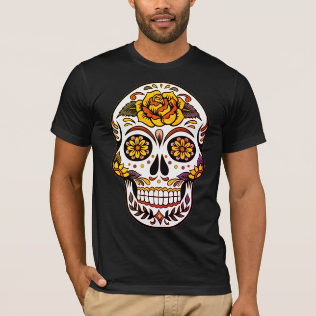 Crâne à sucre rose jaune sur T-shirt noir (Devant)