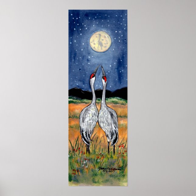 Crane Couple Watching Moon Poster Navy Stars Night (Vorne)