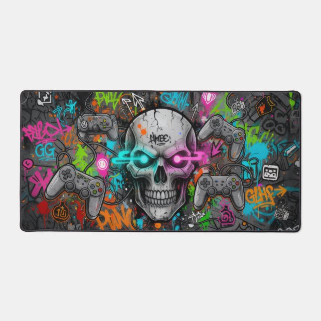 Crâne Cyber-Graffiti et Manettes Néon (tapis souri Schreibtischunterlage (Vorderseite)