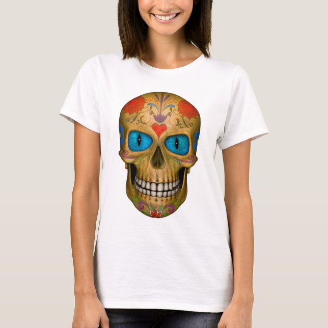 Crâne de sucre bleu teint Zombie T-shirt mort-viva (Devant)