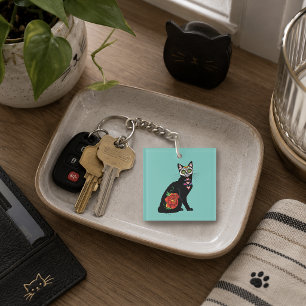 Crâne de Sucre Chat Noir Rose Turquoise Cœur