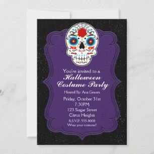 Crâne de sucre coloré et invitation de fête violet