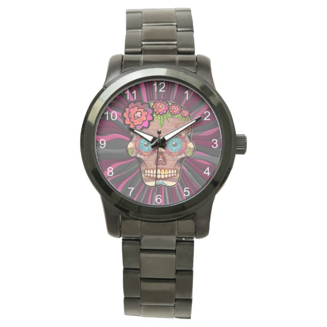 Crâne de sucre en bois sculpté avec montre à couro (devant)