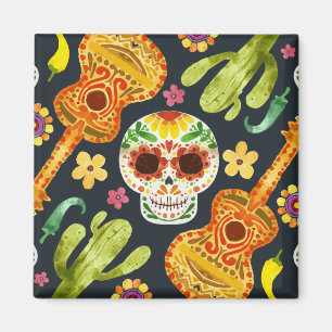 Crâne de sucre et guitares Dia de Muertos  Magnet