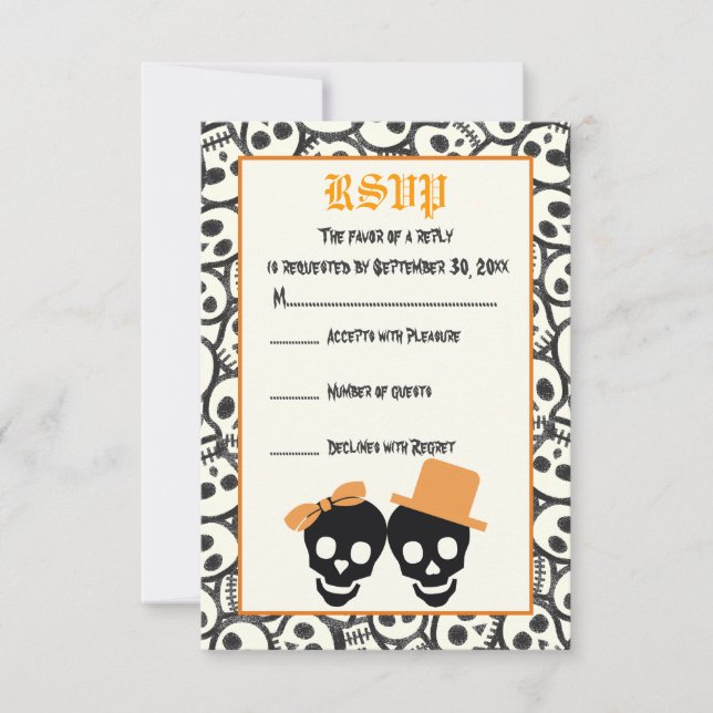 Crâne élégant Halloween orange mariage carte RSVP (Devant)