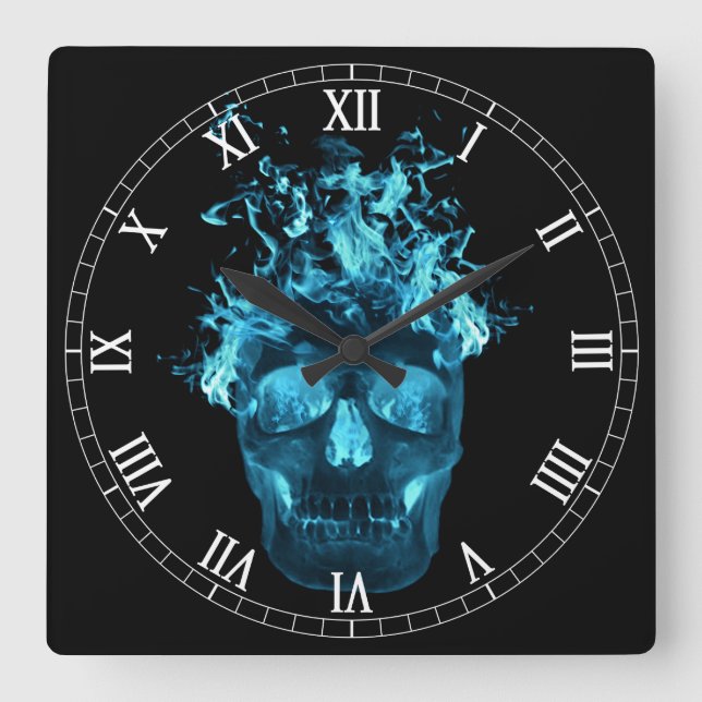 Crâne flamme bleu Carré Numéros romains Horloge (Recto)