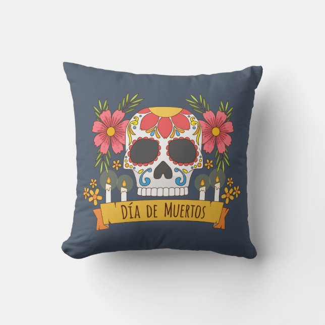 Crâne floral Dia de los Muertos | Coussin décorati (Recto)