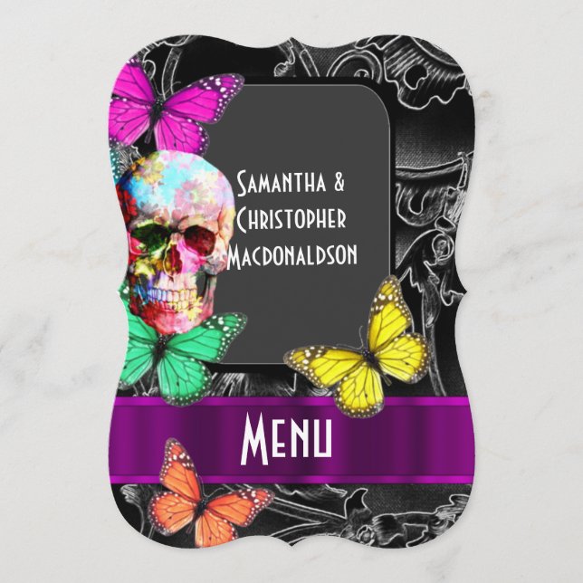 Crâne gothique sur menu mariage noir foncé (Devant)