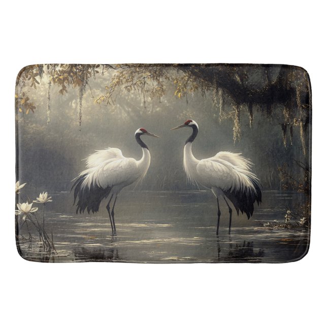 Crane Pair in einem Misty-Sumpf Badematte (Vorderseite)