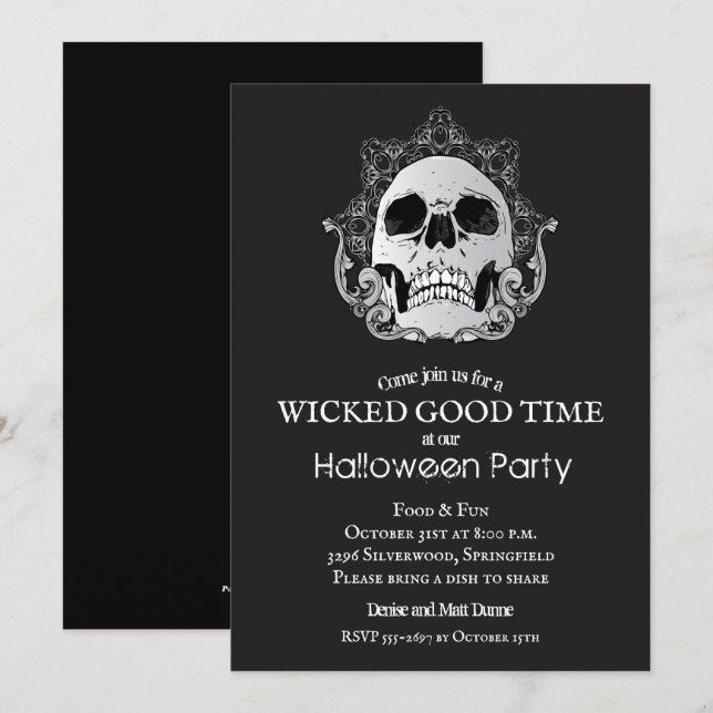 Crâne sur les invitations de la fête d'Halloween n (Devant / Derrière)