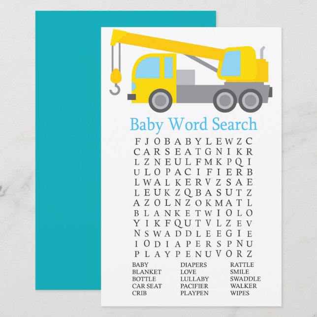 Crane Truck Baby Dusche Word Search Game (Vorne/Hinten)