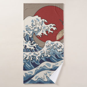 Crane und japanische Wave Illustration Traditionel Badehandtuch