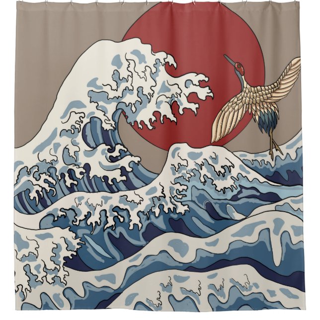 Crane und japanische Wave Illustration Traditionel Duschvorhang (Vorderseite)